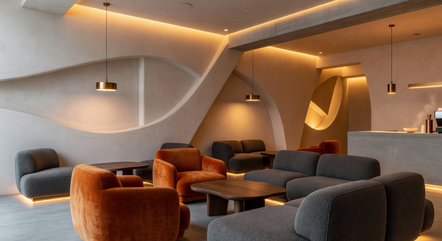 Abstract modern cafe interior with warm lighting and comfortable seating