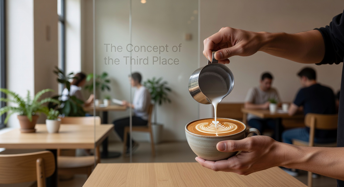 Pouring latte art in a calm aesthetic coffee shop